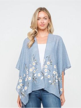 Light Blue Floral Embroidered Open Front Poncho